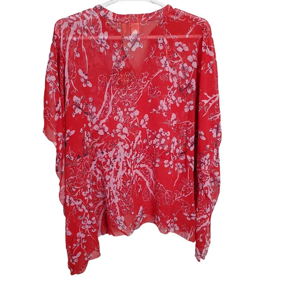 Vivienne Tam NWT Size 1X Blouse Semi Sheer Popover Cover-up Flutter Floral Red - Picture 3 of 12